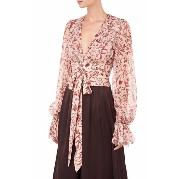 AMUR Helene Tie Waist Floral Silk Wrap Crop Top - Picture 3 of 16